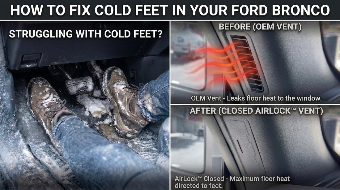 An infographic comparing a Ford Bronco’s stock vent (before), which leaks heat to the side window, with a closed AirLock vent (after) that directs warm air to a snowy driver’s footwell.