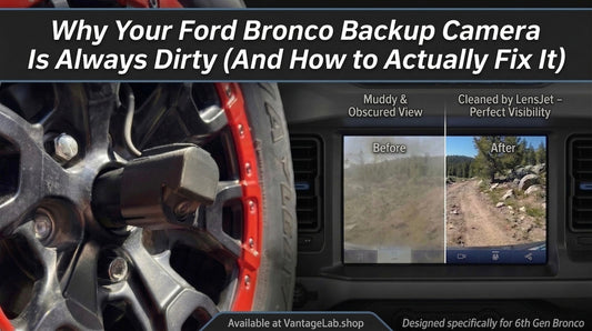 Ford Bronco backup camera before and after LensJet rear camera washer — muddy obscured view on left, clear trail visibility on right, with LensJet nozzle housing installed on camera stalk