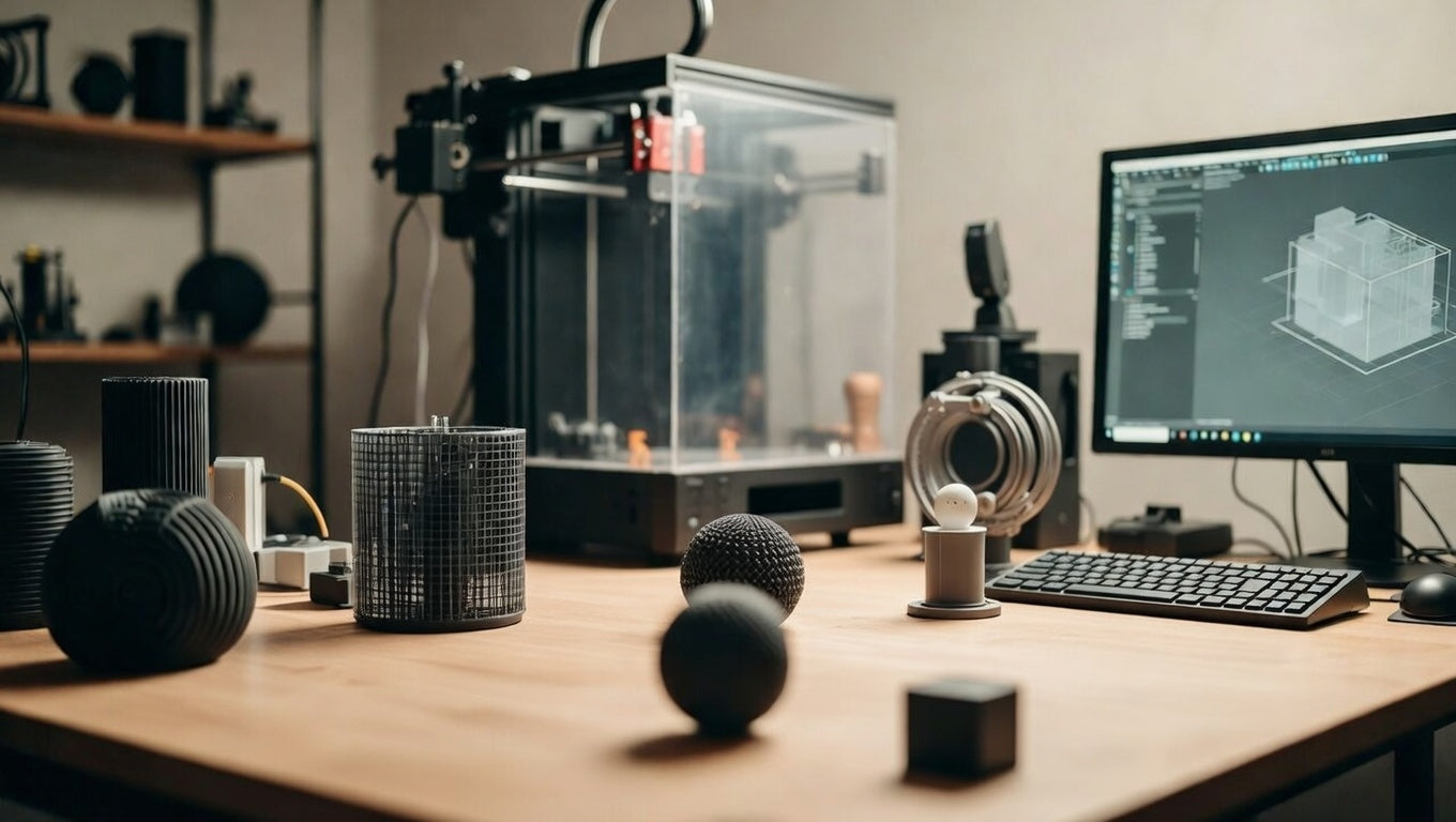 3D printer and computer setup on a desk with 3D models and software interface.